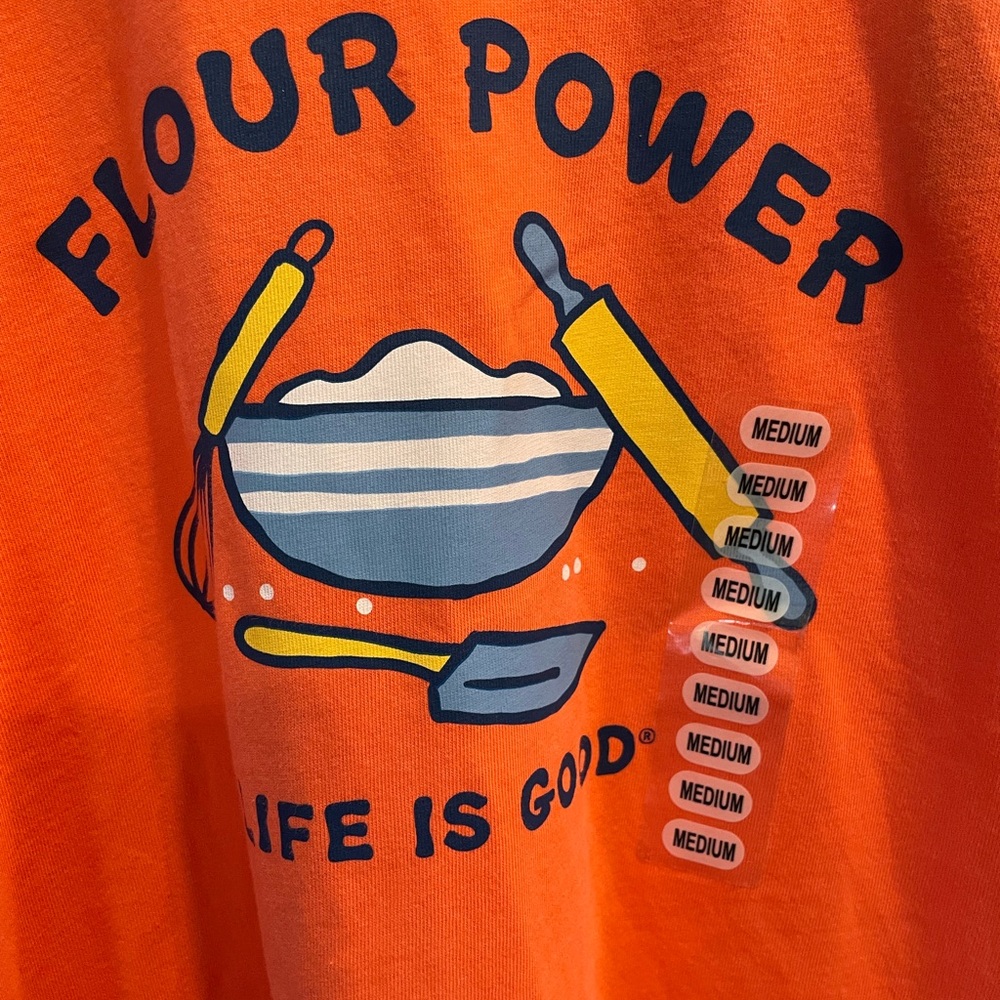 Life is Good FLOUR POWER Long sleeve orange Crusher T shirt Medium NEW w tag - Picture 2 of 8